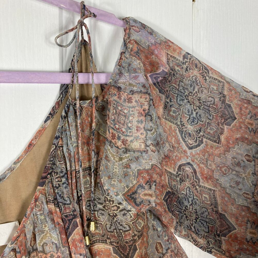 NWOT ZIMMERMANN Blouse 0/XS Silk Chiffon”Harlequin Heriz”V Balloon ColdShoulder - Picture 4 of 11